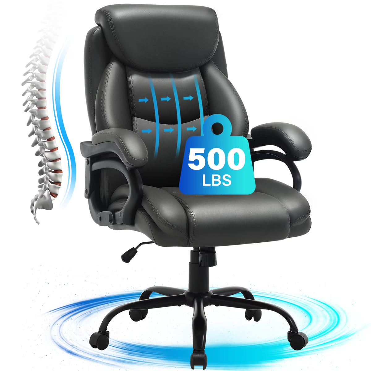 JONPONY Big and Tall Office Chair 500LBS Wide Seat Ergonomic Computer Desk Chair High Back Executive Leather Chair Adjustable Task Chair Lumbar Back Support 8 Hours Heavy Duty Design,Black