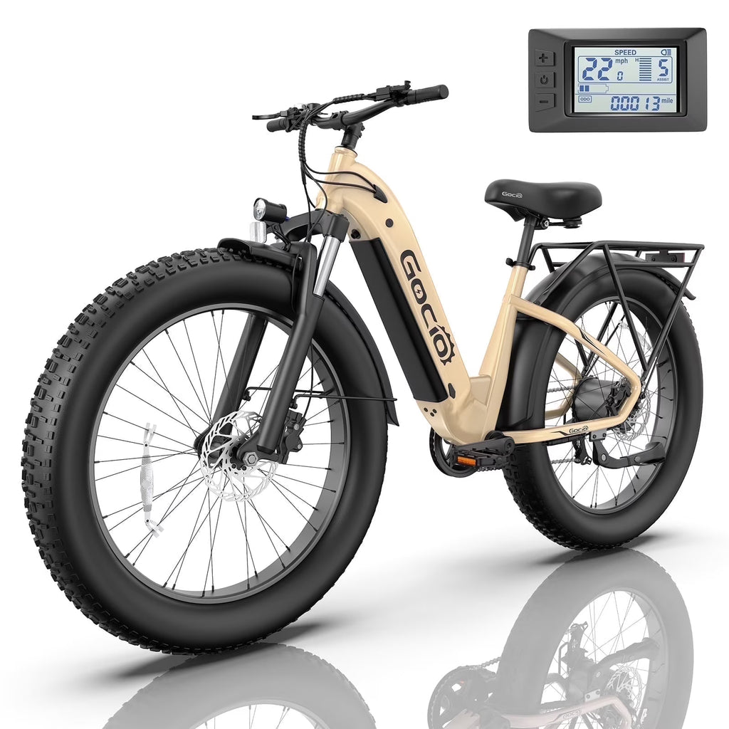 Gocio Electric Bike for Adults, 26" Fat Tire E-Mountain Bike, 1350W Peak Motor 48V 15Ah Battery, 22MPH 7-Speed Ebike for off Road, UL 2849