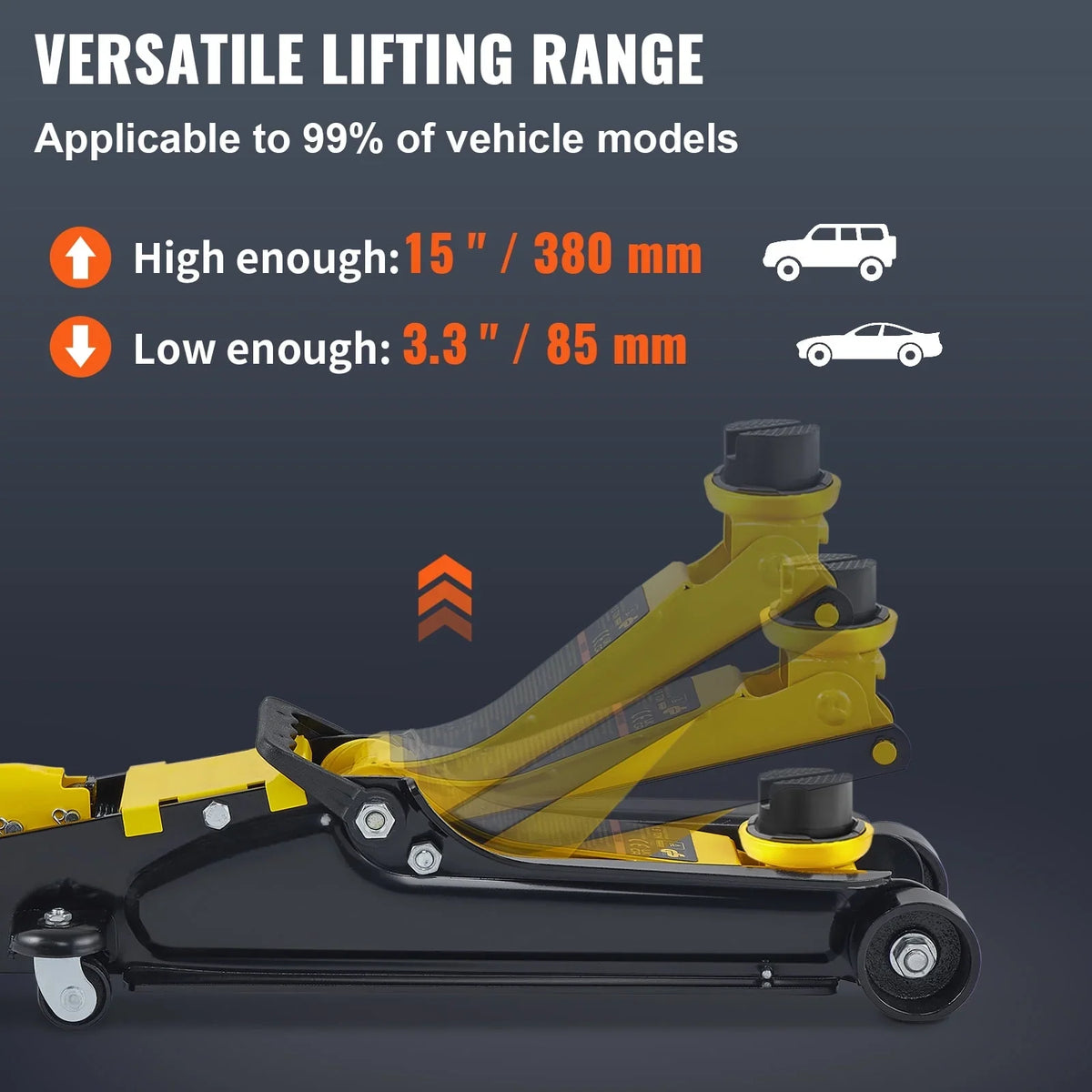 KFFKFF Low Profile Floor Jack,2.5 Ton(5500 lbs) Slim Profile, Durable Steel Racing Lift with Single Piston Pump, Range 3.35"-14.96""Black+Yellow