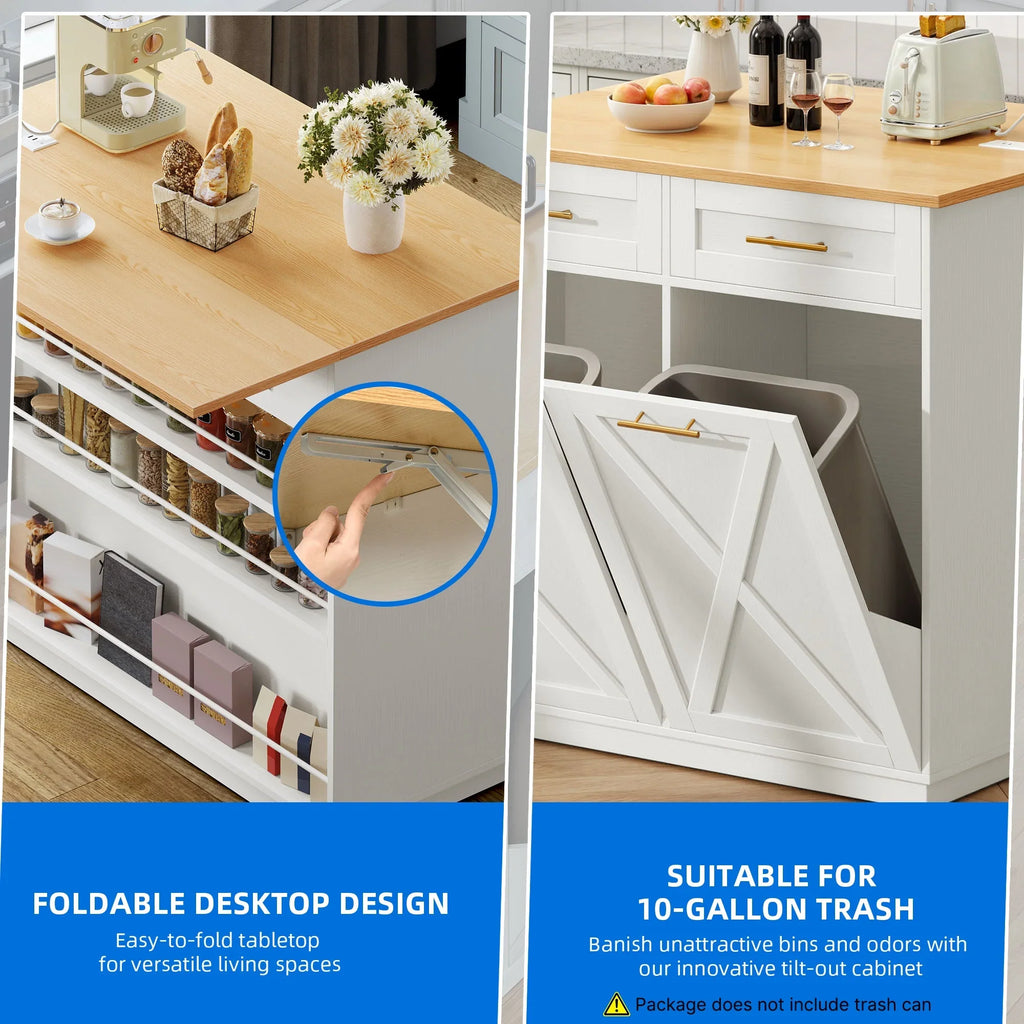 DEXTRUS Kitchen Island Cart with Drop Leaf & Power Outlets, Kitchen Island with 2 Trash Can Cabinets & Storage Shelves, Black