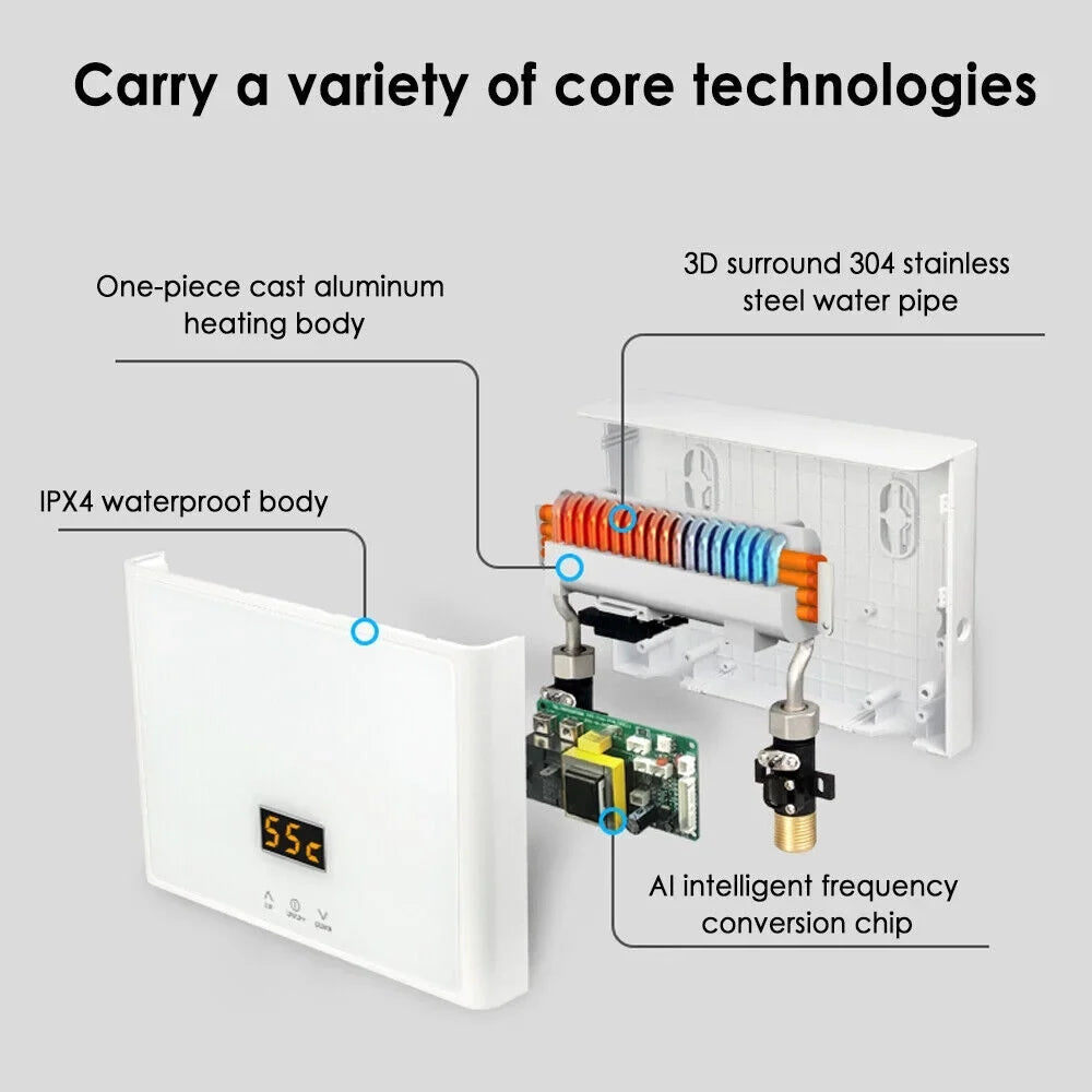 Mini Electric Tankless Water Heater 3000W 110V Constant Temperature Instant Hot Water Heater with Remote Control Digital Display On Demand Hot Water Heater-White