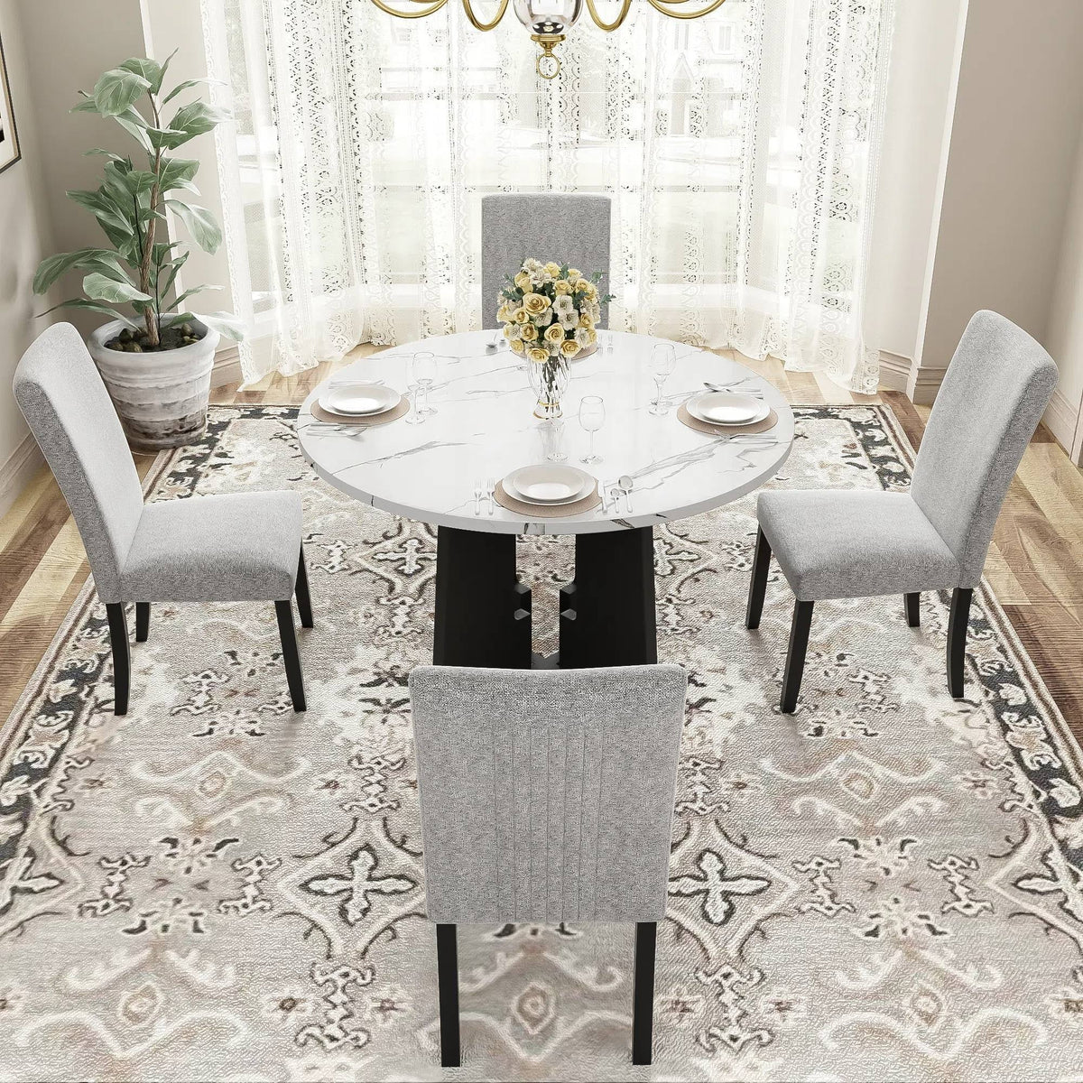 EUROCO 5-Piece Round Dining Table Set for 4, 43.3'' Kitchen Room Table with 4 Upholstered Chairs and Solid Wood Frame,Kitchen Table Set for Home Living Dining Room, Grey & Black