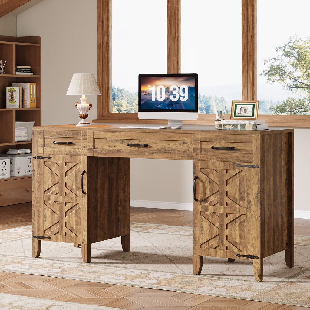 Tribesigns 59" Computer Desk with Drawers, Farmhouse Wooden Office Executive Desk with Files Storage Cabinets