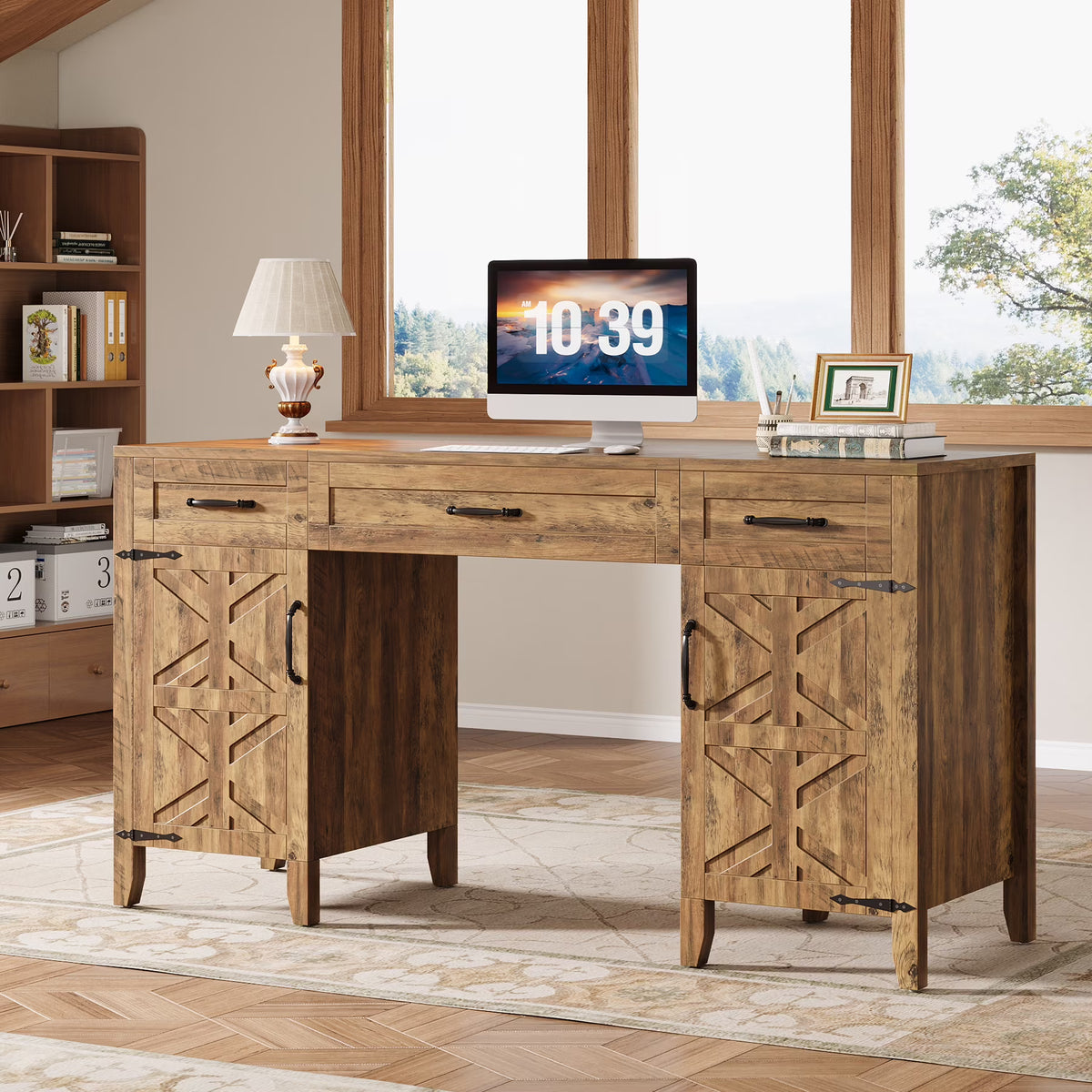 Tribesigns 59" Computer Desk with Drawers, Farmhouse Wooden Office Executive Desk with Files Storage Cabinets