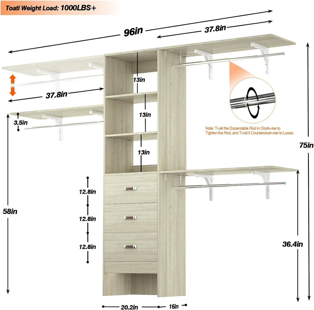 Homieasy 96 Inches Closet System, 8FT Walk In Closet Organizer with 3 Shelving Towers, Heavy Duty Clothes Rack with 3 Drawers, Built-In Garment Rack, 96" L x 16" W x 75" H, White