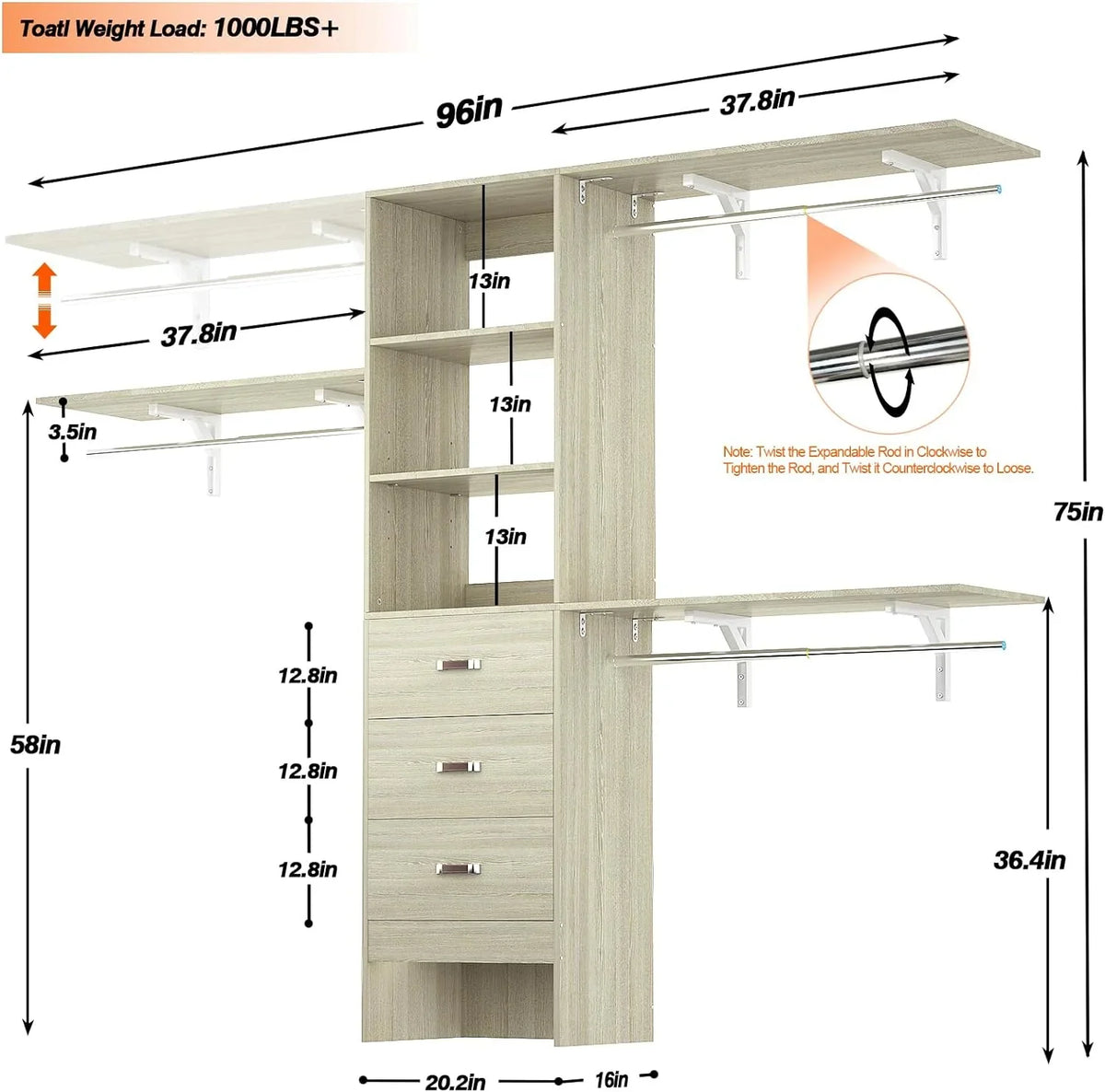 Homieasy 96 Inches Closet System, 8FT Walk In Closet Organizer with 3 Shelving Towers, Heavy Duty Clothes Rack with 3 Drawers, Built-In Garment Rack, 96" L x 16" W x 75" H, White