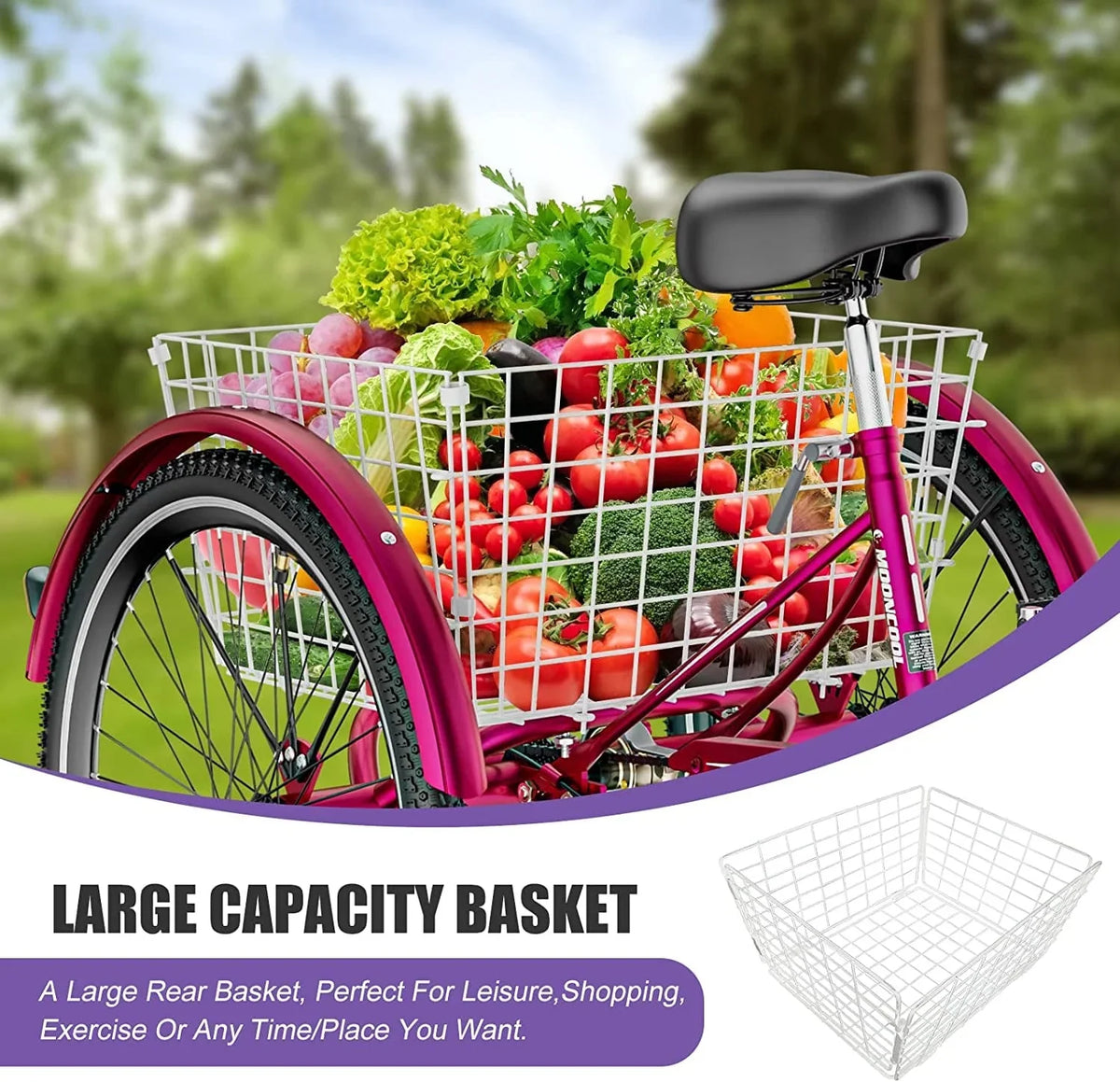 MOONCOOL Adult Tricycles with Rear Basket & Inflator, 24 26 inch 7 Speed 3 Wheel Bikes, Three-Wheeled Bicycles Adult Trike with Backrest for Seniors, Women, Men