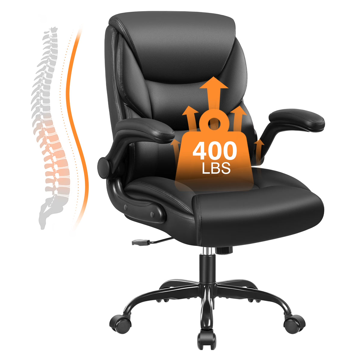 Primy Compact PU Leather Office Chair - Ergonomic Adjustable Height Computer Desk Chair with Flip-Up Armrests, Mid-Back Executive Swivel Chair on Wheels for Small Spaces & Petite Users, Black