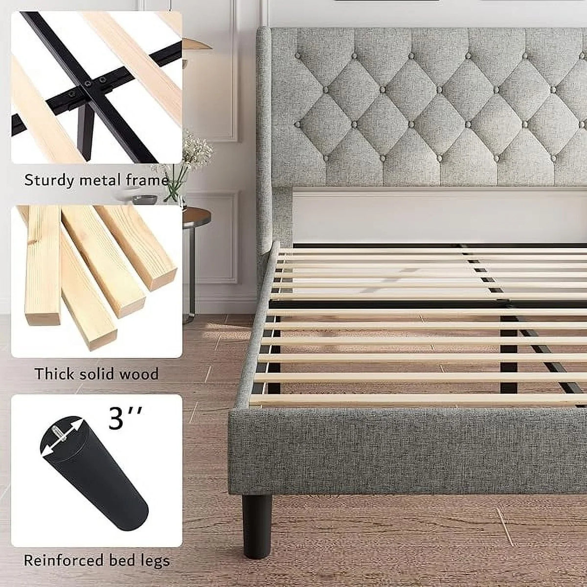 iPormis Full Size Bed Frame with Diamond Button Tufted Wingback Headboard, Upholstered Platform Bed Frame with Strong Wood Slat Support, No Box Spring Needed,Black