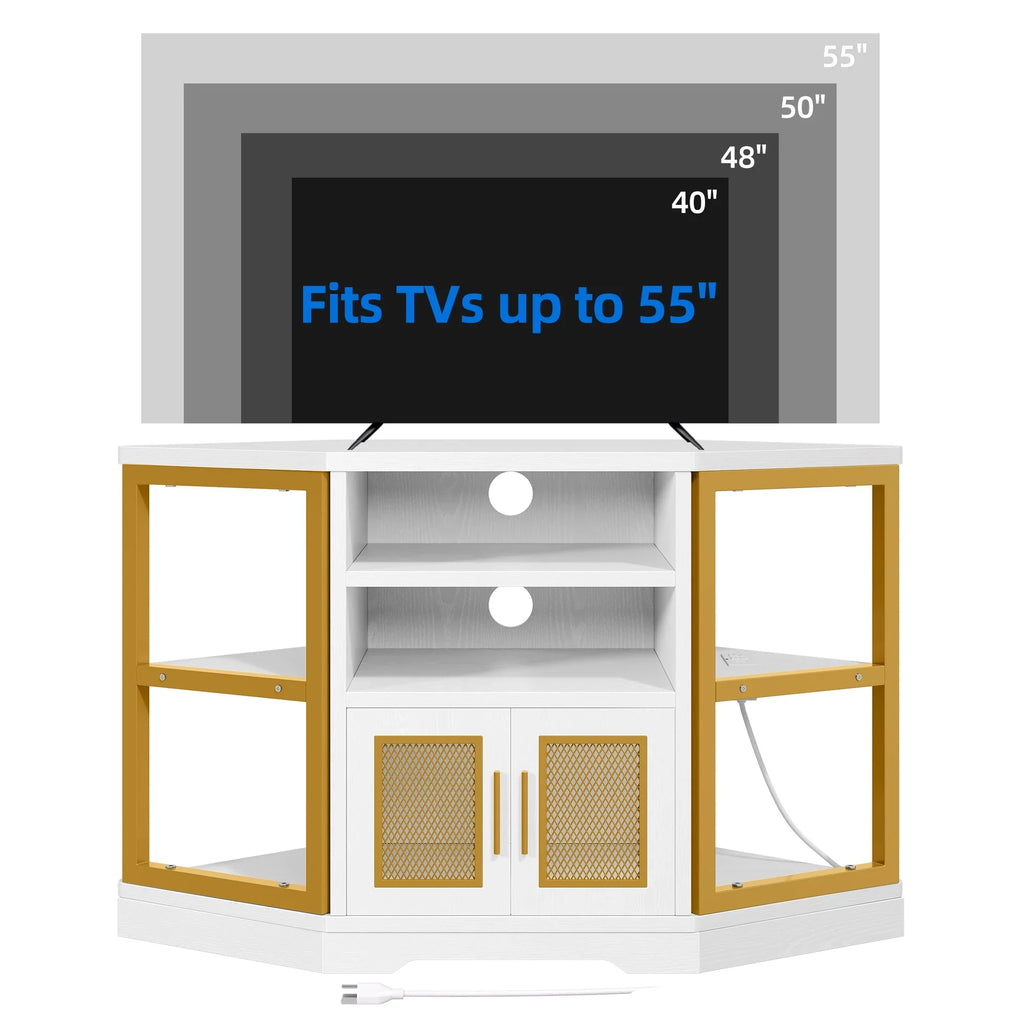 Dextrus Farmhouse Corner TV Stand for TVs up to 55 inch with Power Outlet, Wood Entertainment Center, TV Media Console with Storage, White Oak