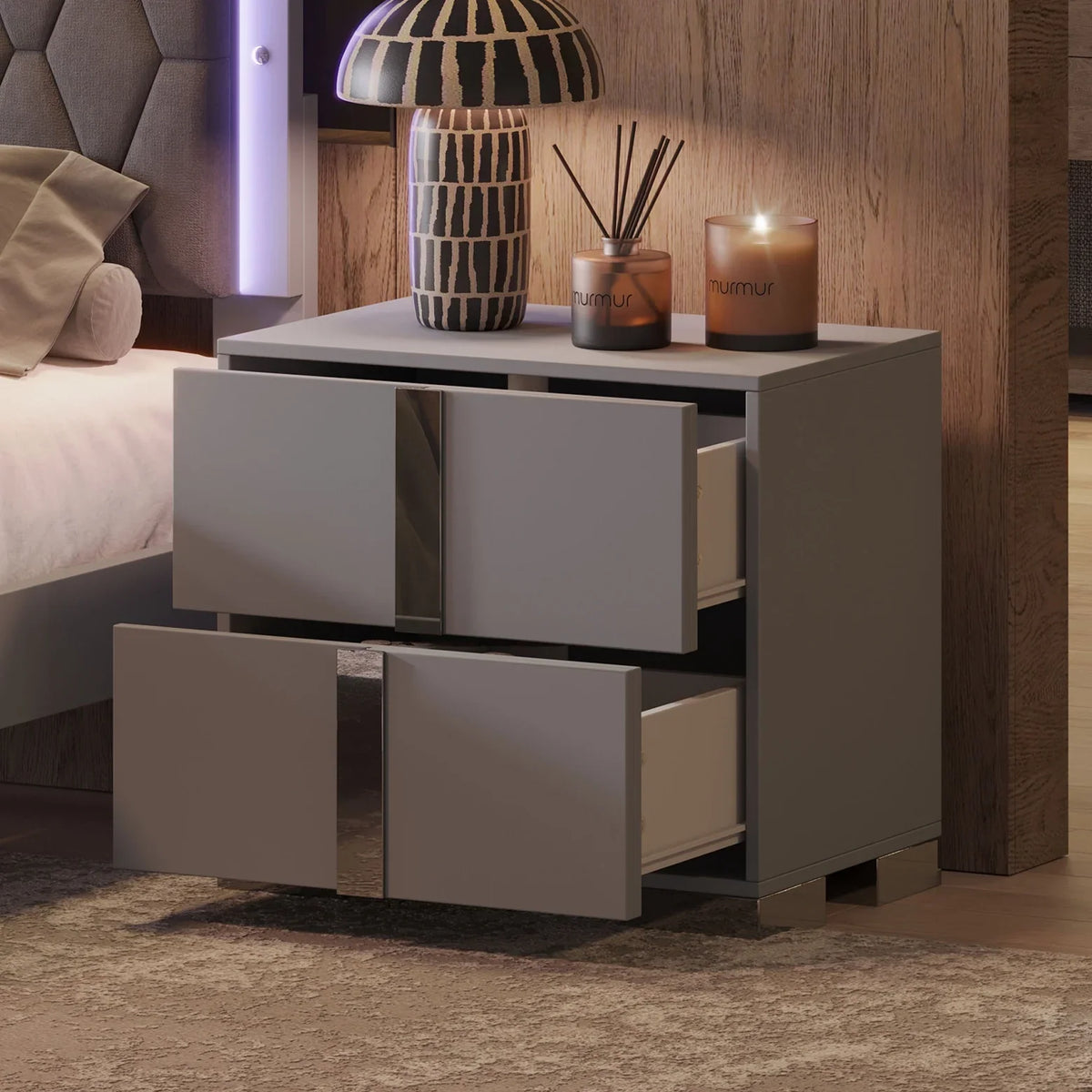 Elegant Nightstand with Metal Handle, Mirrored Bedside Table with 2 Drawers for Bedroom, Living Room, End Sofa Side Table for Living Room, Office, White