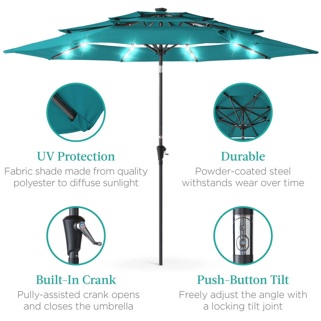 Best Choice Products 10ft 3-Tier Solar Patio Umbrella w/ 24 LED Lights, Tilt Adjustment, Easy Crank - Tan