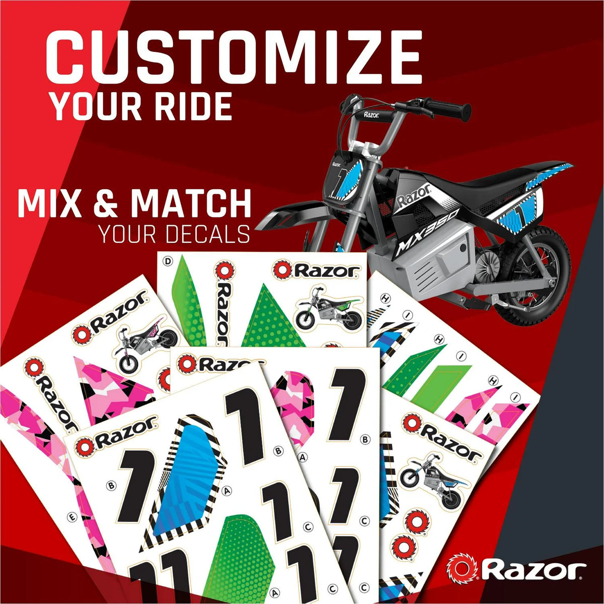 Razor Dirt Rocket MX350 - Black with Decals. up to 14 mph. 24V Electric Dirt Bike for Child 8+