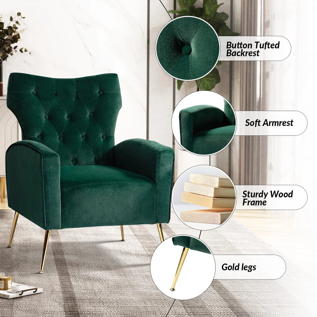 Modern Velvet Accent Chair Upholstered Sofa Armchair Button Tufted Metal Legs Adult Bedroom Home Living Room Grey