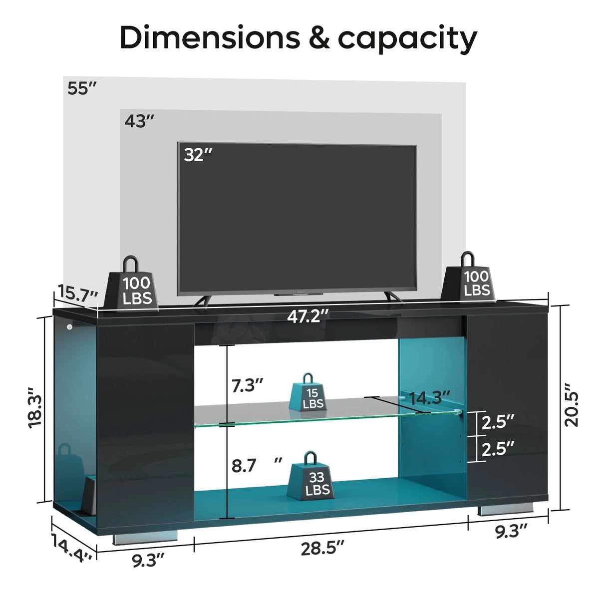 Pinmoco 47'' TV Stand for TVs up to 55", Gaming Entertainment Center with LED Lights, Black