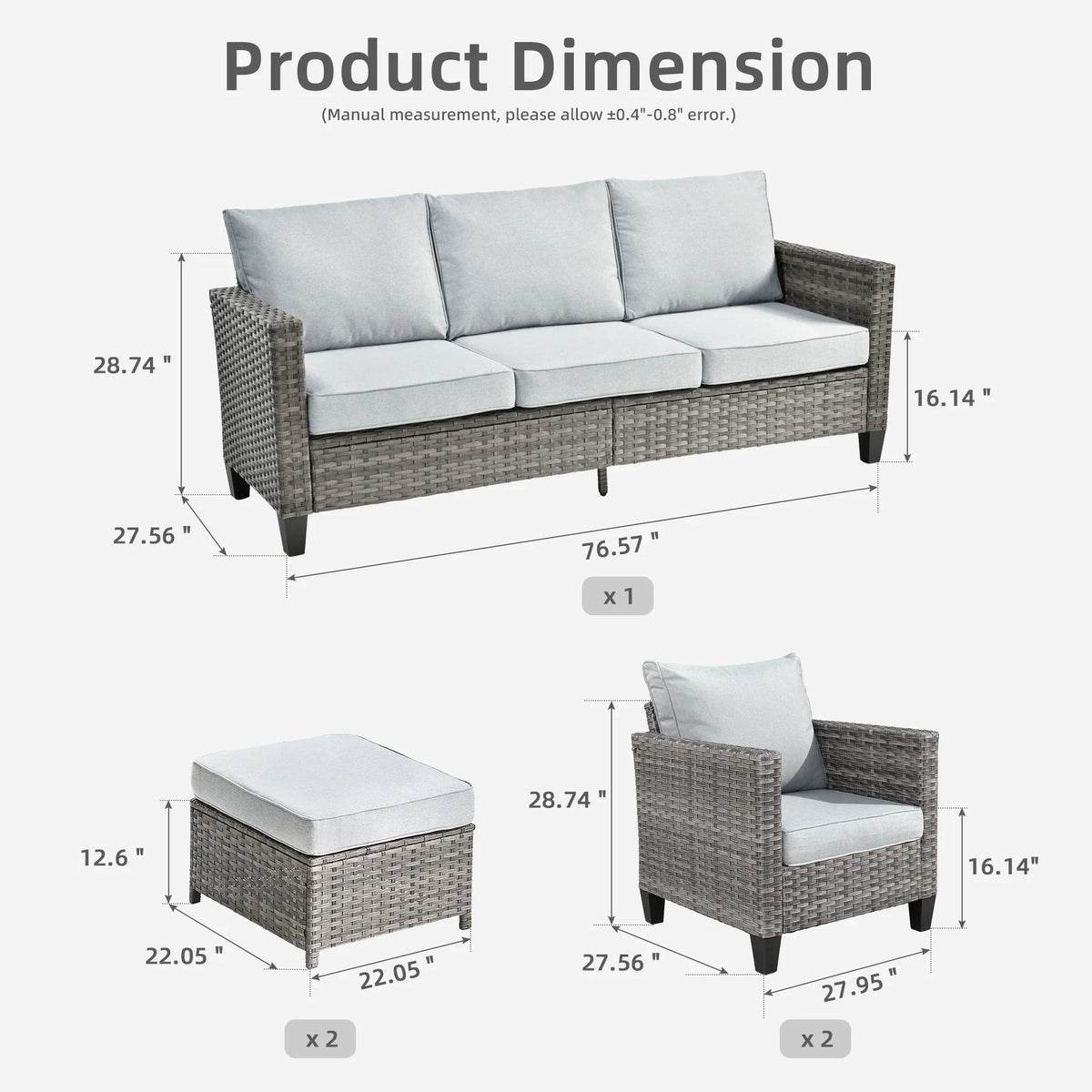 Ovios 5 Pieces Outdoor Patio Furniture Set Wicker Rattan Outdoor Conversation Comfortable Sectional Sofa with Steel Frame, Grey