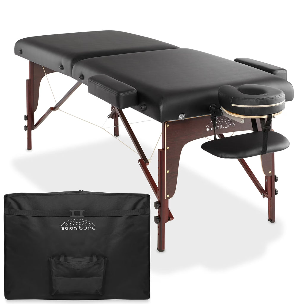 Saloniture Professional Portable Lightweight Bi-Fold Memory Foam Massage Table with Reiki Panels - Includes Headrest, Face Cradle, Armrests and Carrying Case - Burgundy