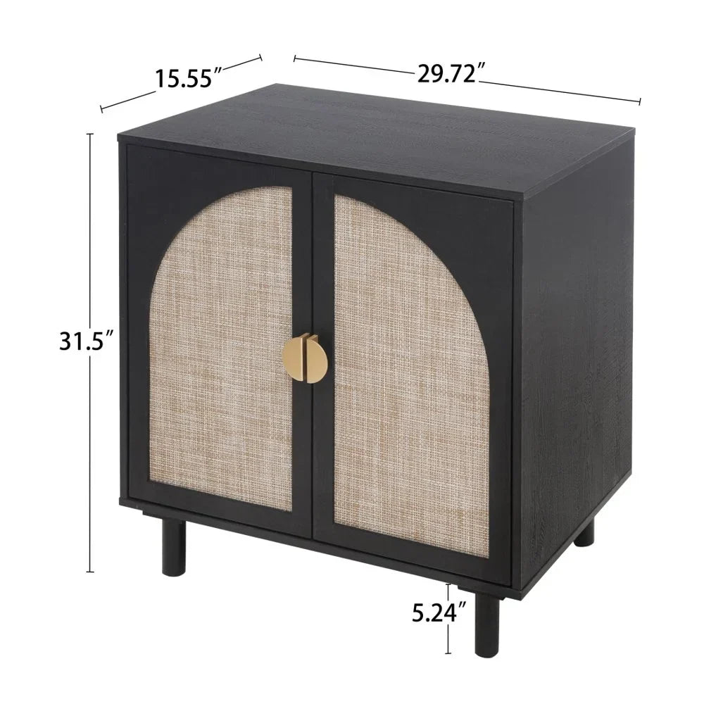 Tcbosik Rattan Storage Cabinet, Boho Sideboard Buffet Cabinet, Accent Cabinet with 2 Doors and Adjustable Shelves, Living Room, Kitchen, Dining Room, Hallyway, Black