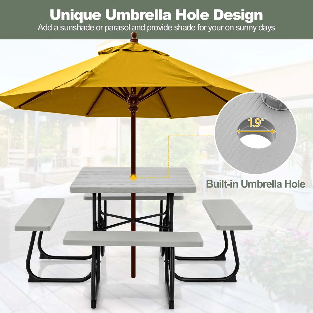 Costway Outdoor 8-person Square Picnic Table Bench Set with 4 Benches & Umbrella Hole White