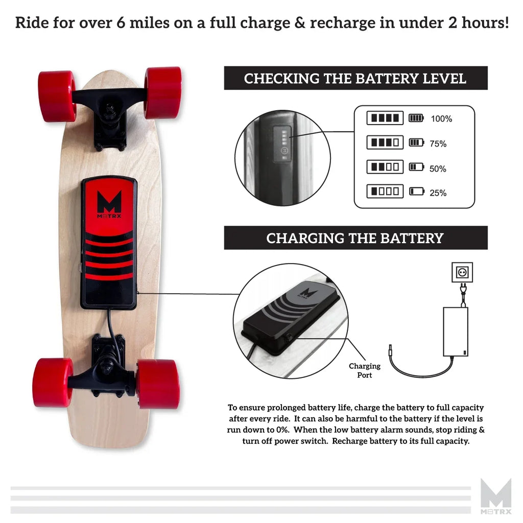 M8TRX EB100 Electric Skateboard, Gravity Sensor Riding, 300 Watt, 28" Deck, 10 MPH, Red