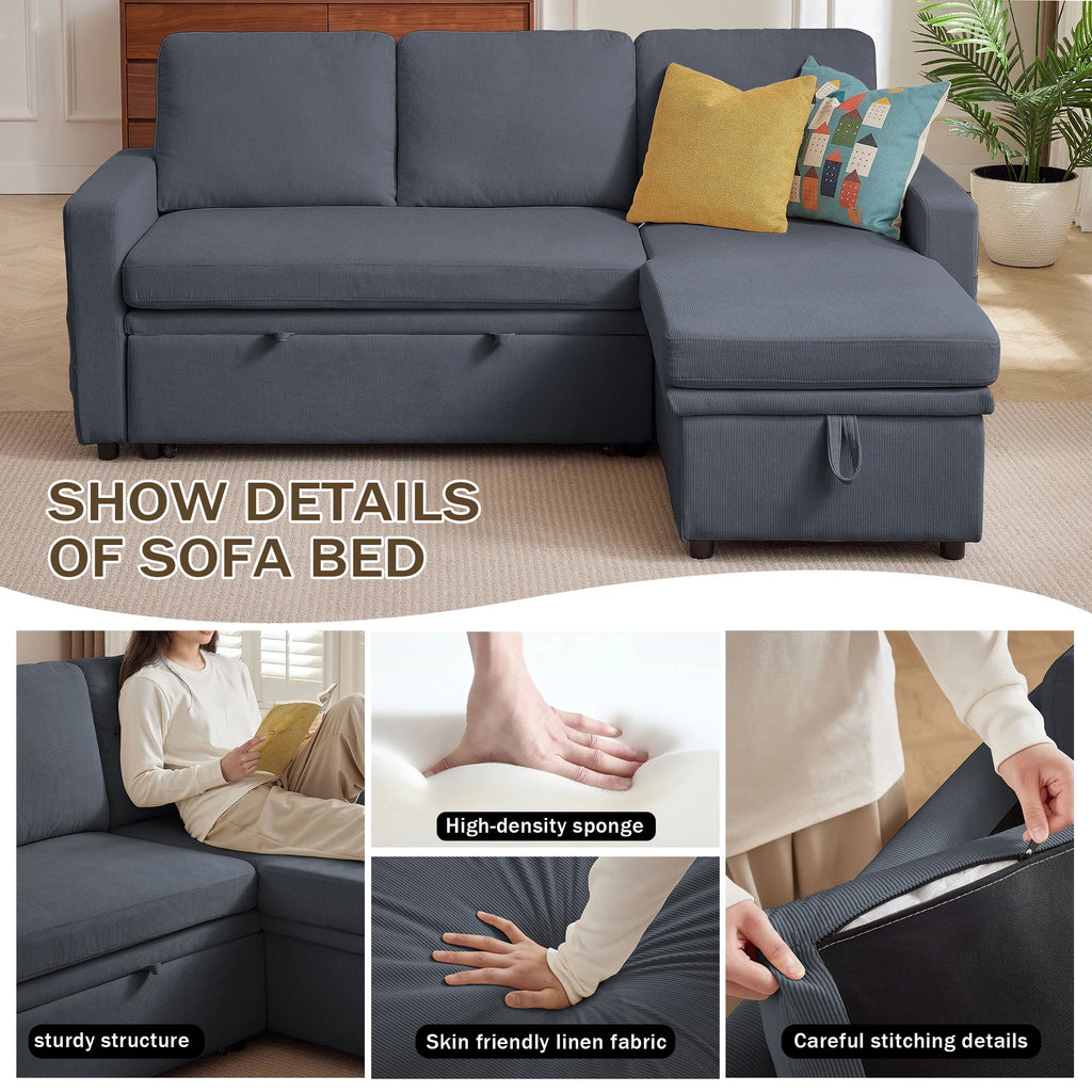 Pingliang Home Pull Out Sleeper Sofa Bed Sectional Sofa with Storage Chaise,L Shaped Sectionals Couches with Side Pockets,Modern Linen Reversible Sofa Couch for Living Room Apartment Office Studio