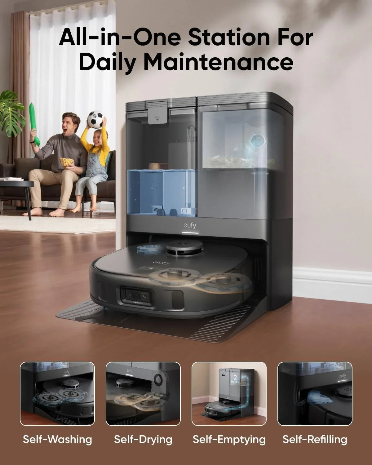 eufy restored X10 Pro Omni Robot Vacuum and Mop Combo, 8,000 Pa Suction, Dual Mops, Auto Mop Washing, Auto Drying, Self-Emptying"(Refurbished Acceptable"