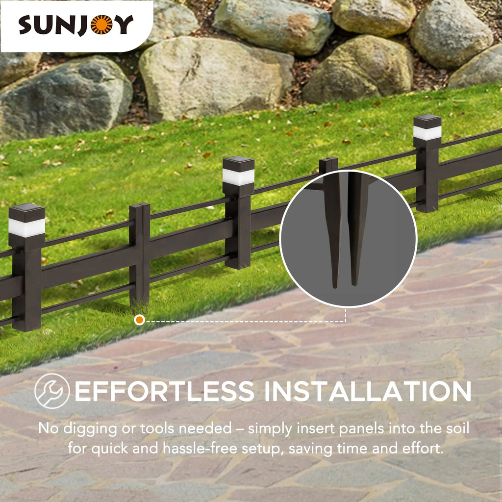 SUNJOY Garden Fence Solar Border Fencing with Waterproof LED Path Lights, Metal Strip Pattern Fence Panel Outdoor Decorative Garden Fences(5PK), Brown