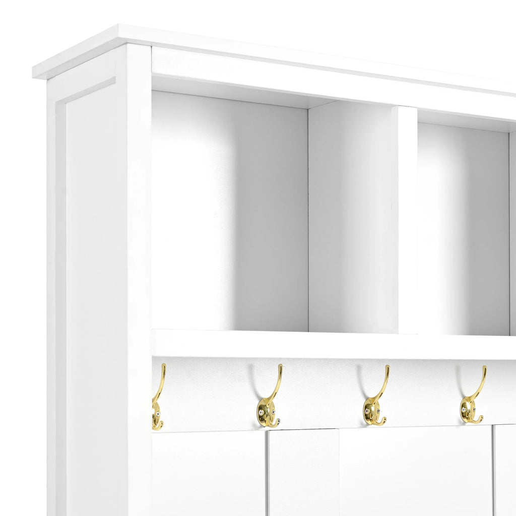 Harper & Bright Designs Farmhouse Hall Tree with Bench and Shoe Storage, Mudroom Bench with Coat Rack and Adjustable Shelves for Hallway, Living Room, White