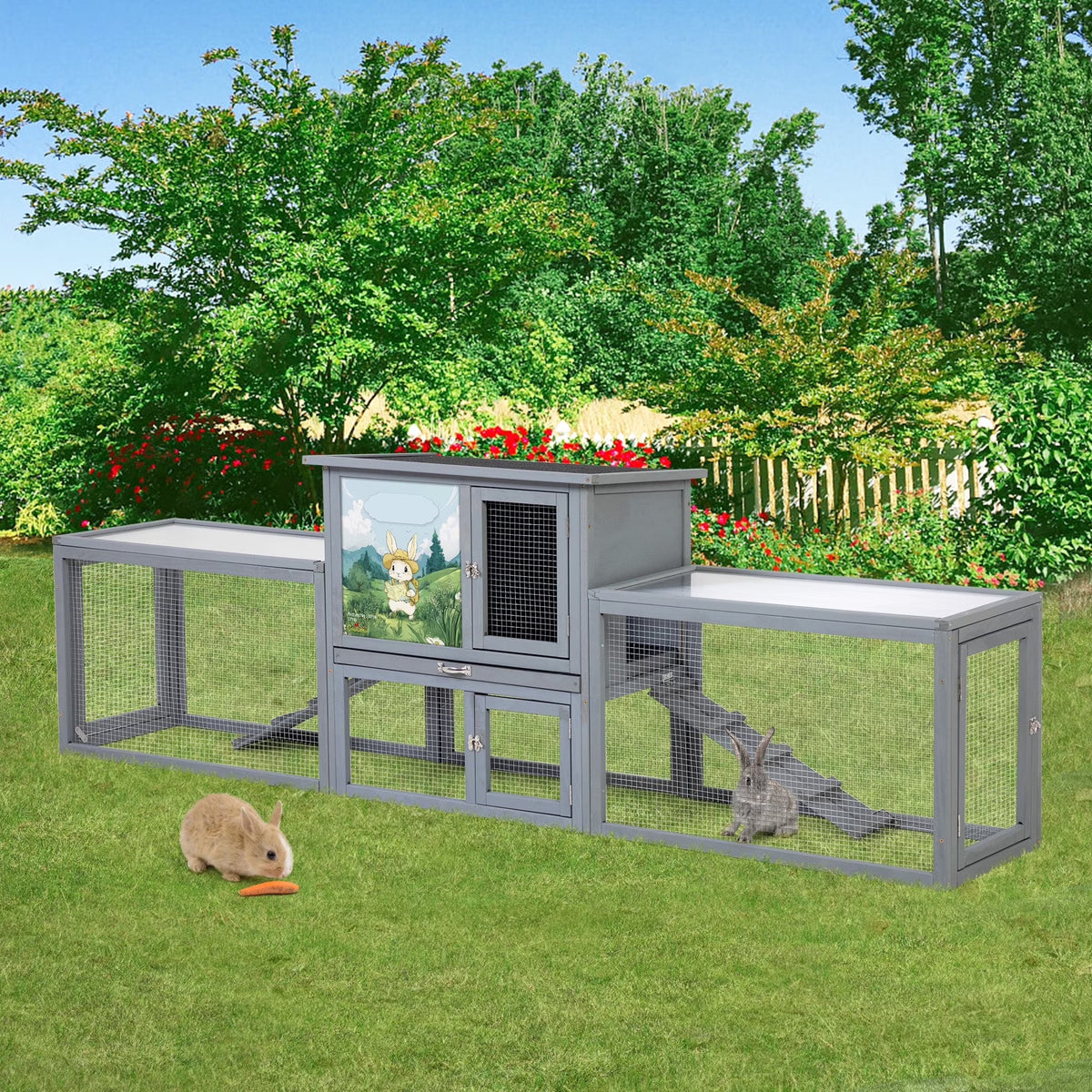 COZIWOW 94'' Wooden Large Rabbit Hutch with Pull Guinea Pig House Chincken Coop Gray