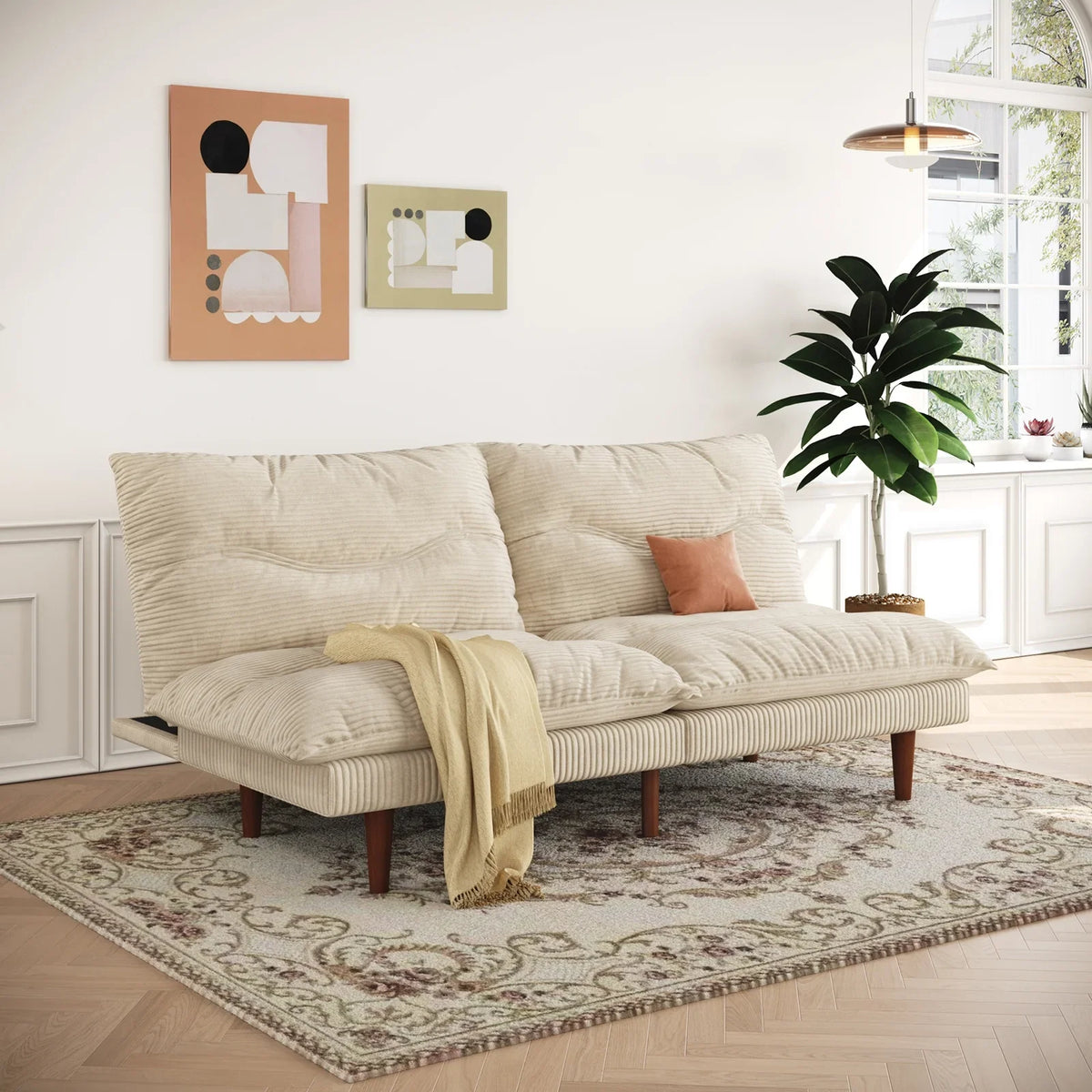 LLappuil 71" Corduroy Futon Convertible Sofa Bed, Loveseat Sleeper Sofa Couch for Living Room Apartment Beige