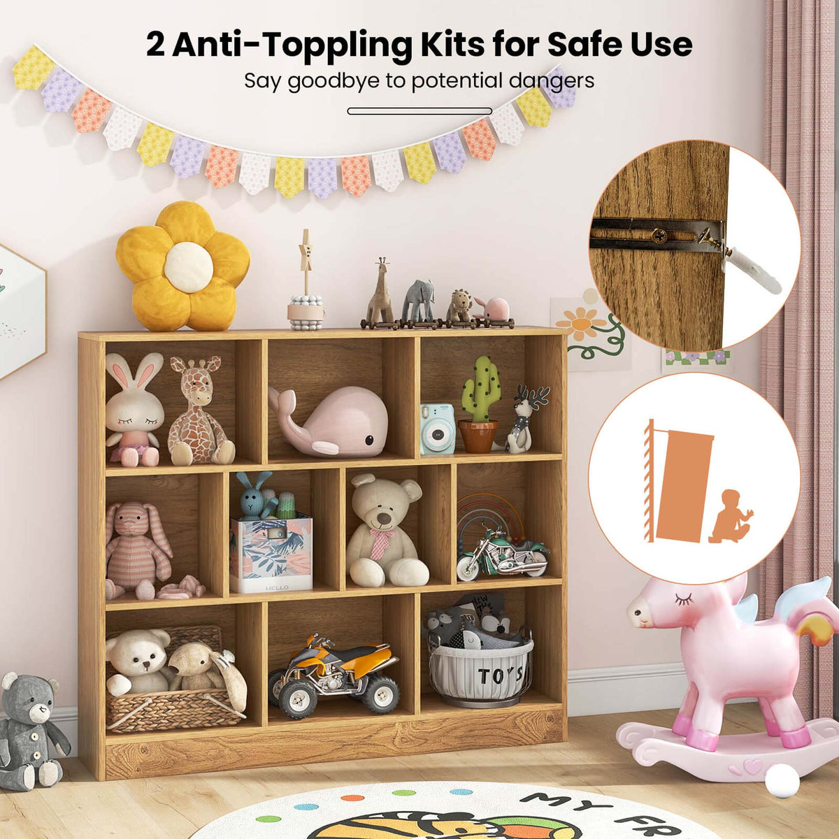Costway 10-Cube Bookcase for Kids 41"Wooden Toy Storage Organizer for Kid’s Room White