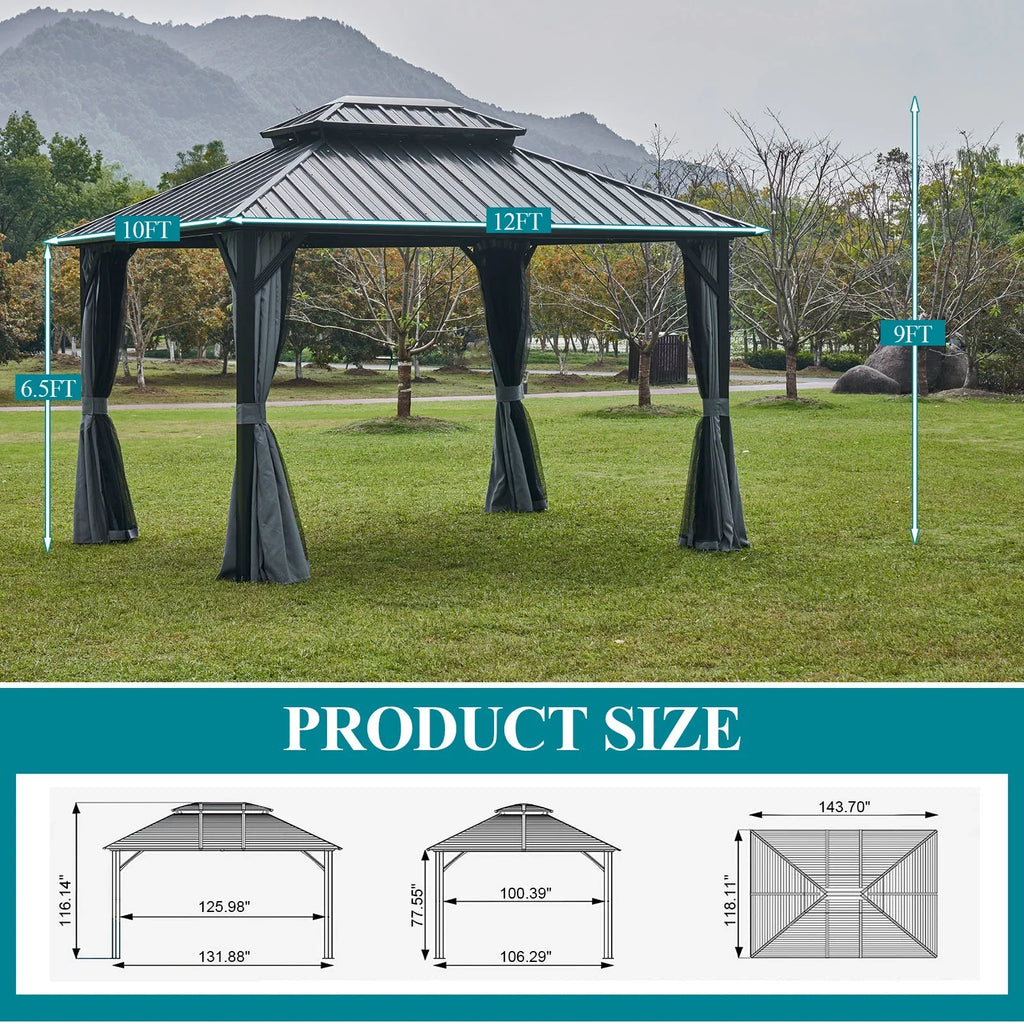 Aoxun 10'x12' Hardtop Gazebo, Outdoor Steel Double Roof Canopy, Aluminum Frame Permanent Pavilion with Curtains and Netting, Sunshade for Garden, Patio, Lawns, Black