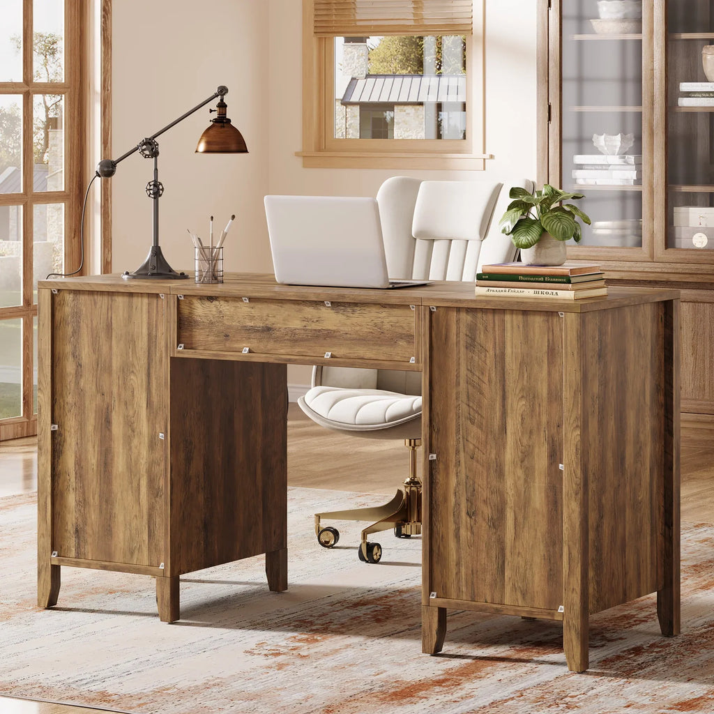 Tribesigns 59" Computer Desk with Drawers, Farmhouse Wooden Office Executive Desk with Files Storage Cabinets