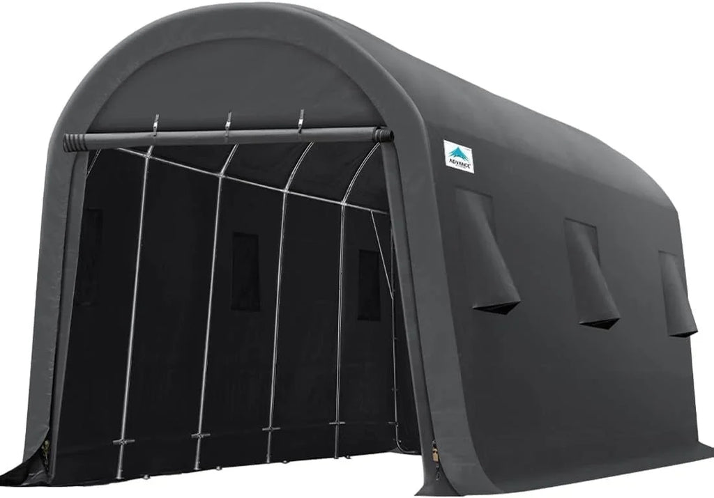 ADVANCE OUTDOOR 10x15 ft Shelter Storage Shed Steel Metal Round Roof Anti-Snow Portable Garage Carport for Motorcycle, Boat, or Garden Tools with 2 Roll up Doors & Vents, Gray