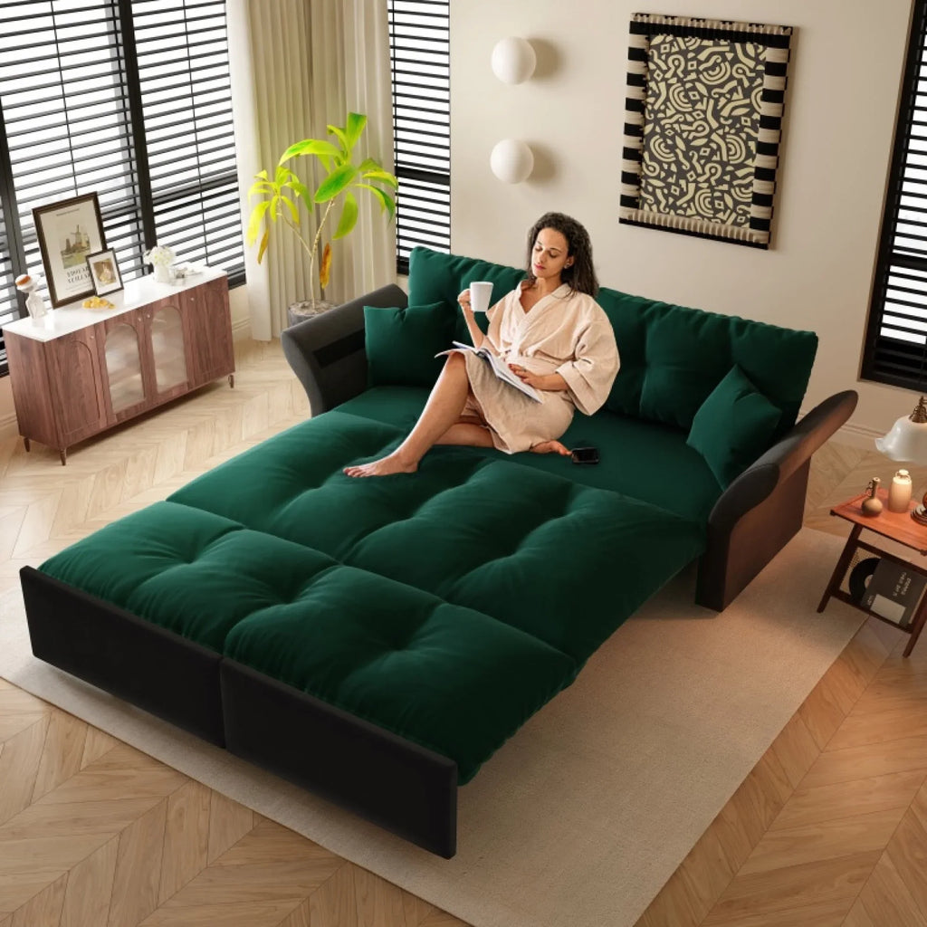 66" Queen Pull Out Sofa Bed, 3-in-1 Convertible Sleeper Sofa with Side Storage,Multi-Functional Velvet Loveseat Bed for Living Room,Bedroom