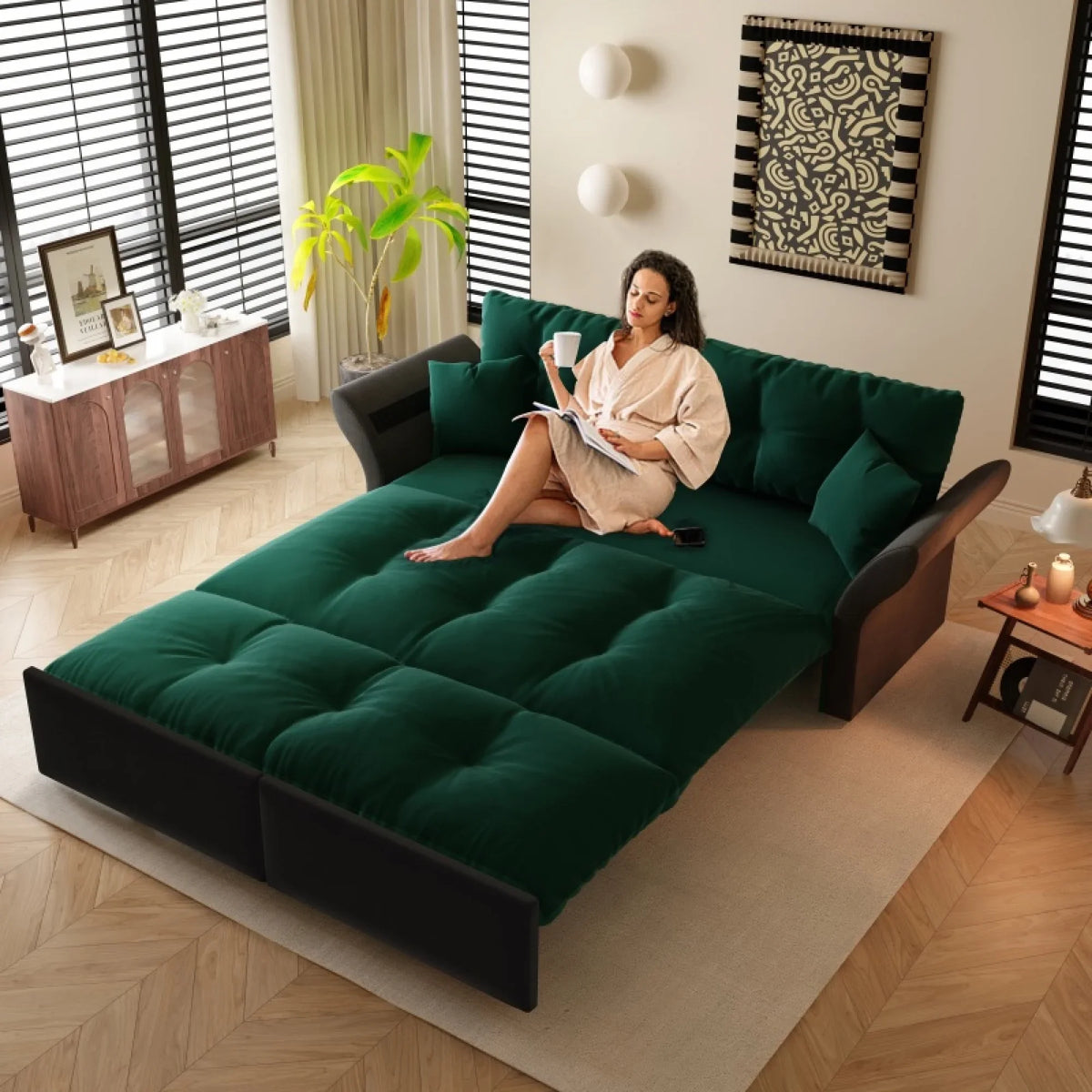 66" Queen Pull Out Sofa Bed, 3-in-1 Convertible Sleeper Sofa with Side Storage,Multi-Functional Velvet Loveseat Bed for Living Room,Bedroom