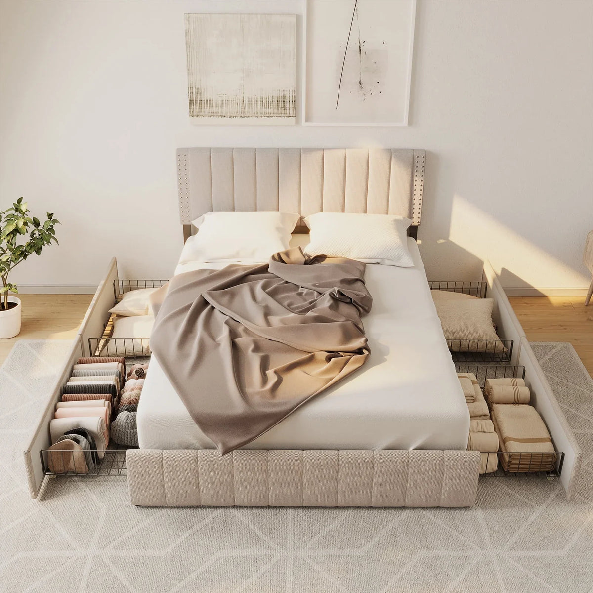 Lofka Queen Bed Frame with Headboard, Upholstered Platform Bed with Headboard, No Box Spring Needed/Easy Assembly, Beige