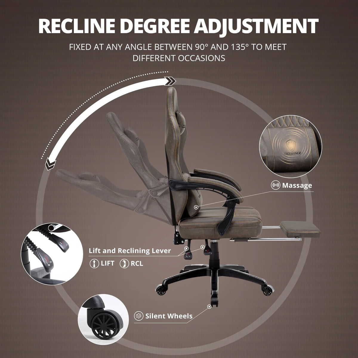 Dowinx Gaming Chair Breathable PU Leather Gamer Chair with Pocket Spring Cushion, Ergonomic Computer Chair with Massage Lumbar Support,Adjustable Swivel Task Chair with Footrest(Brown)