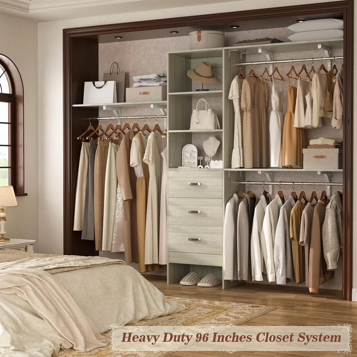 Homieasy 96 Inches Closet System, 8FT Walk In Closet Organizer with 3 Shelving Towers, Heavy Duty Clothes Rack with 3 Drawers, Built-In Garment Rack, 96" L x 16" W x 75" H, White