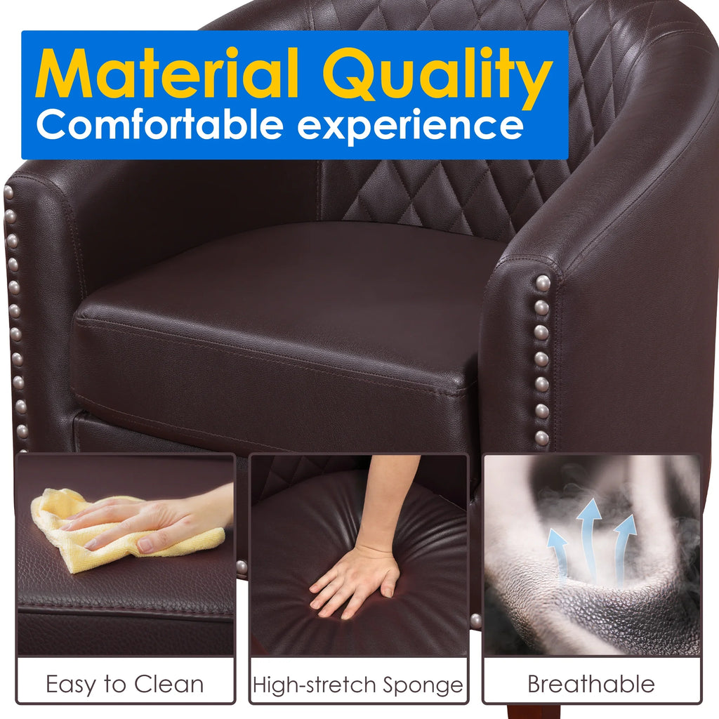 Barrel Accent Chair for living room, modern Leather Club Barrel Chair comfy Reading Armchair for Bedroom, Brown
