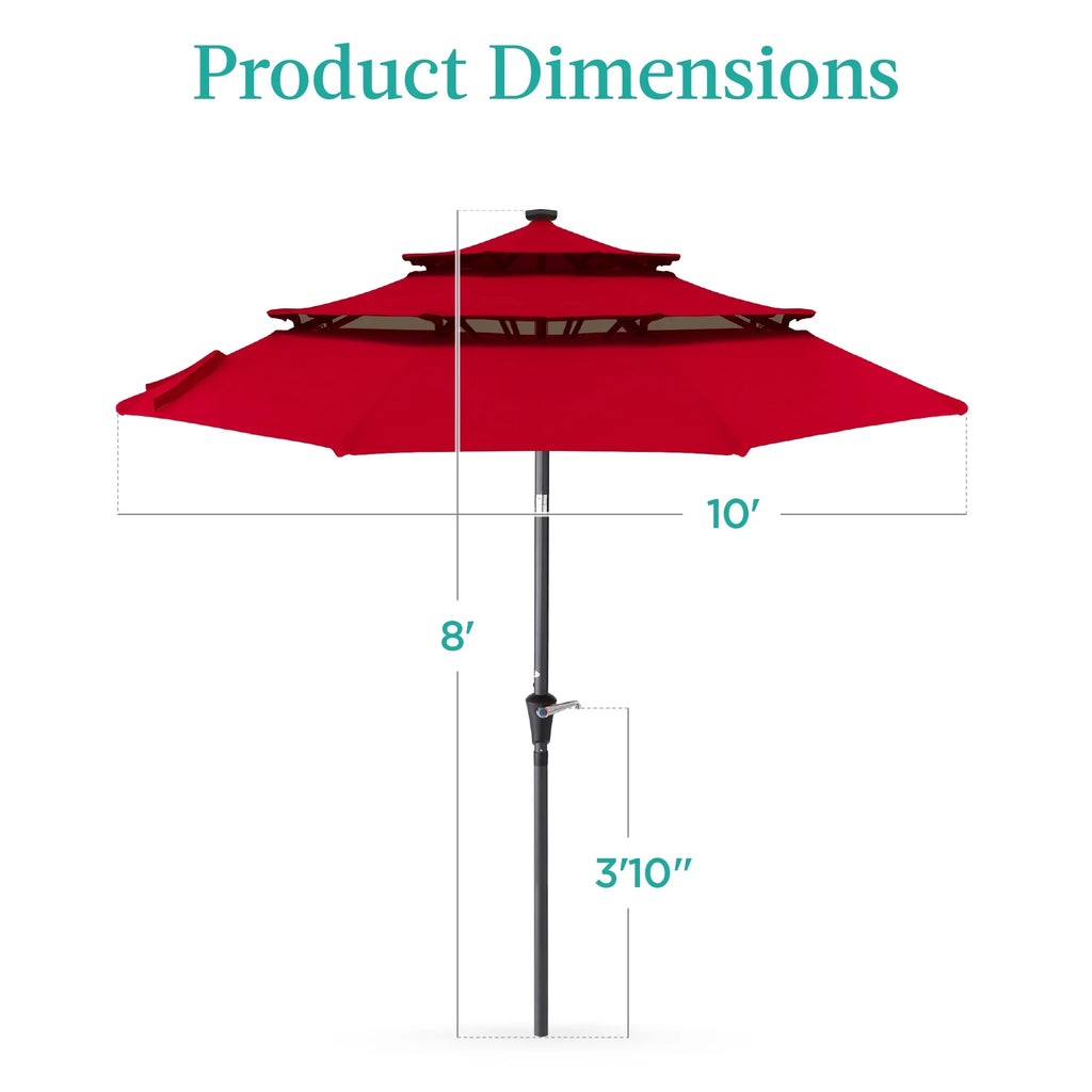 Best Choice Products 10ft 3-Tier Solar Patio Umbrella w/ 24 LED Lights, Tilt Adjustment, Easy Crank - Tan