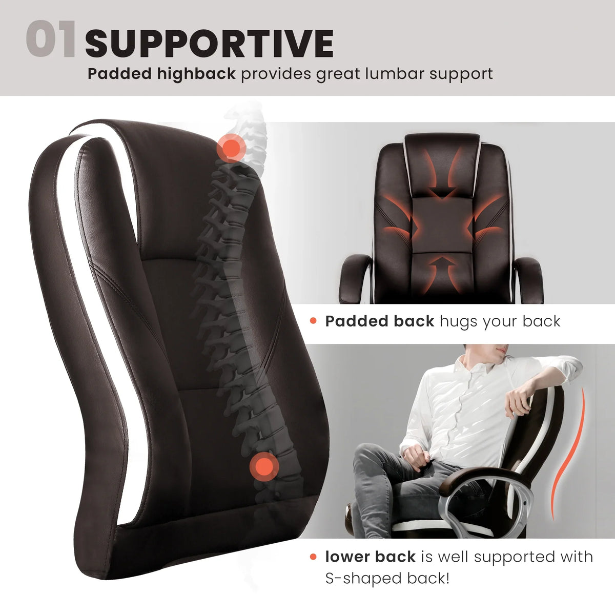 NEO CHAIR Home Office Chair, Heavy Duty Leather Office Chair, Ergonomic High Back Cushion Lumbar Back Support, Computer Desk Executive Chair for Work, 8 Hours Comfort, Jet Black