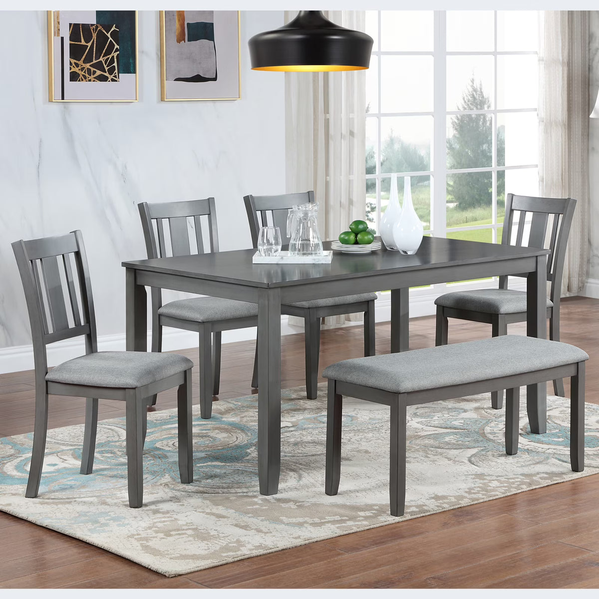 Dining Room Set, LEGAHOME 6 Piece Dining Sets with Bench and Chairs, Solid Wood Kitchen Dining Table Set for 6 with Upholstered Chairs, Gray
