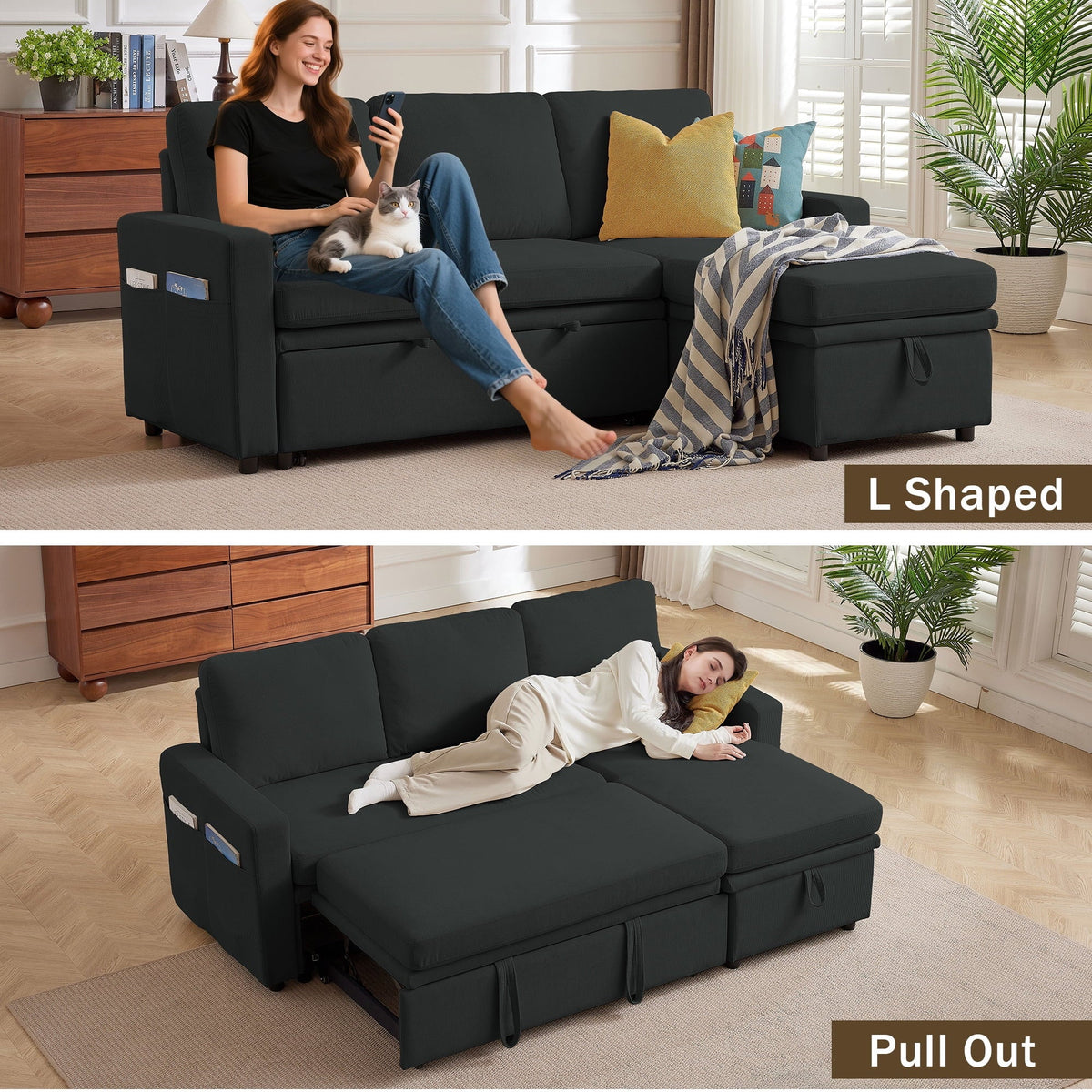 Pingliang Home Pull Out Sleeper Sofa Bed Sectional Sofa with Storage Chaise,L Shaped Sectionals Couches with Side Pockets,Modern Linen Reversible Sofa Couch for Living Room Apartment Office Studio