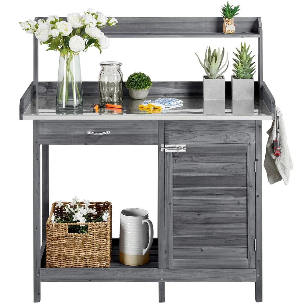 Renwick Outdoor Garden Potting Bench W/Cabinet Drawer Open Shelf, Gray