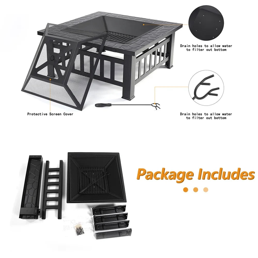 Wood Burning Fire Pits for Outside, 32" Square Iron Fire Pit Backyard Patio Garden Stove Wood Burning Fire Pit w/ Mesh Screen Lid, Wood Grate, Poker, Durable Fire Pit, Q5946