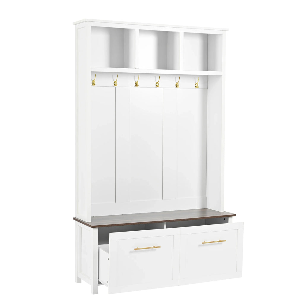 Harper & Bright Designs Farmhouse Hall Tree with Bench and Shoe Storage, Mudroom Bench with Coat Rack and Adjustable Shelves for Hallway, Living Room, White