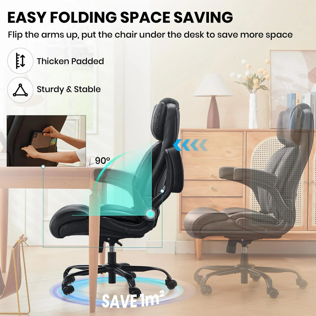 Ninecer 500lbs Big and Tall Office Chair with Inflatable Lumbar Support, Ergonomic Executive Desk Chair with Extra Wide Seat, Adjustable Height Computer Chair, Heavy Duty Leather Office Chair, Black