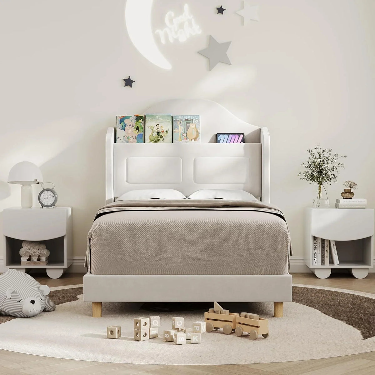 BouPower Twin Size Bed Frame with LED Lights,Platform Bed with Wing Back Storage Headboard,Upholstered Twin Bed,No Box Spring Needed,Easy Assembly