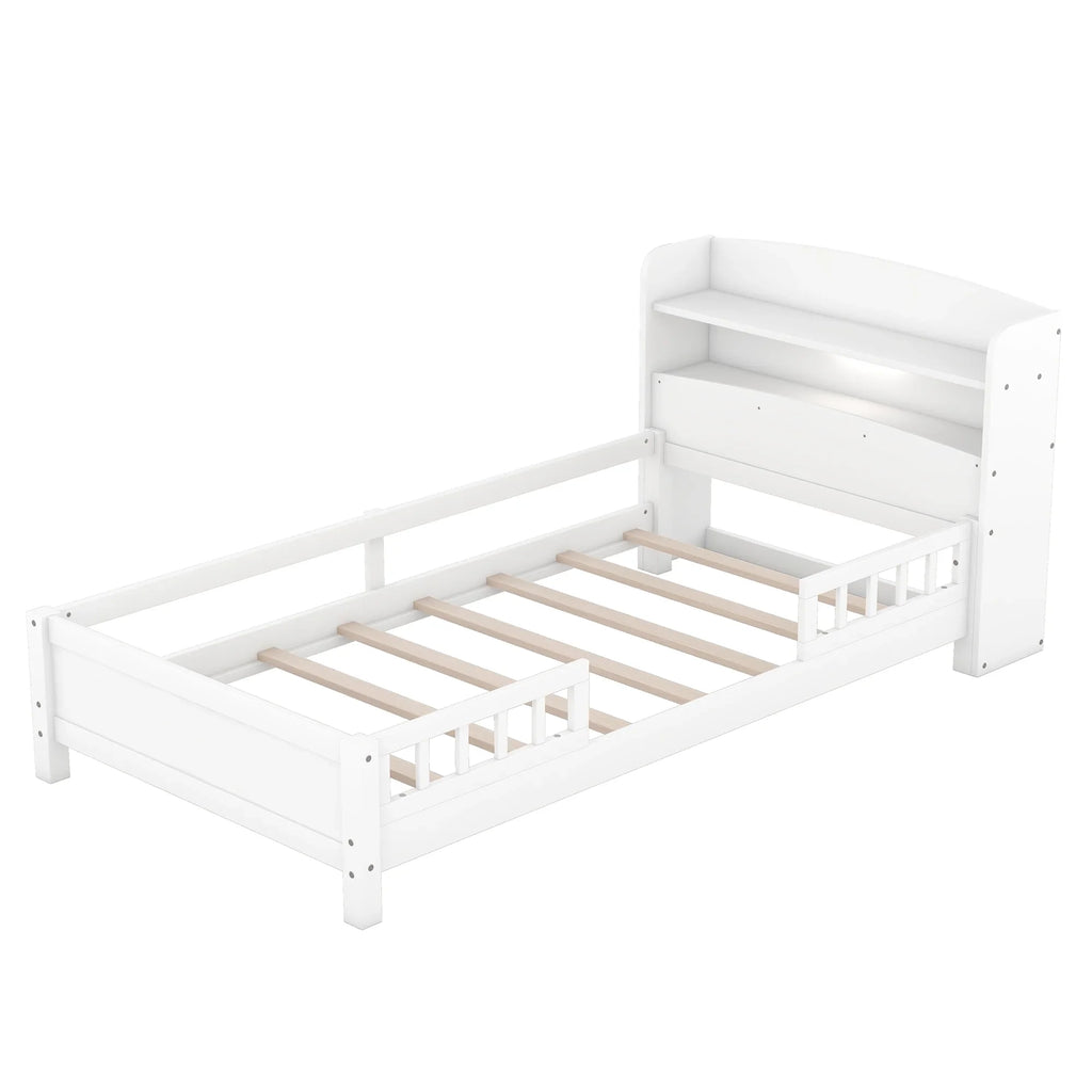 Euroco Wood Twin Size Platform Bed with Storage Headboard, Shelves and LED Light for Kids, Gray